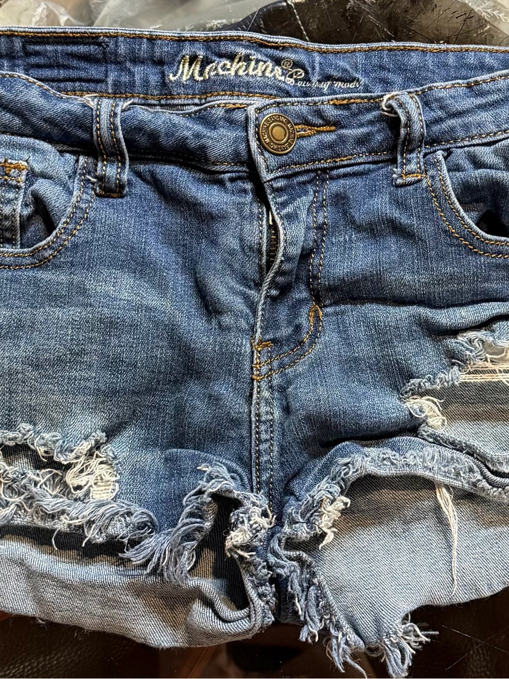 Machine Frayed Distressed Denim Shorts - Blue